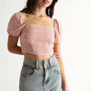 Pink Floral Puff Sleeve Crop Top
